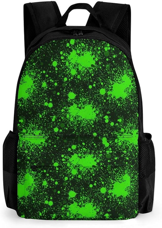 Rucksack Polyester Anti-Theft Multipurpose Green Paint Splatter Black Bookbag Big Capacity Travel and Sport Backpack Rucksack With Side Pockets