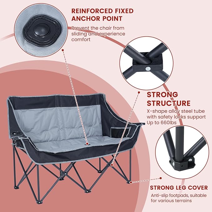 DoCred Heated Double Camping Chair, Heated Folding Camping Chairs Loveseat Outdoor Sports,Heating Oversized Loveseat Chairs for Adults,2 Person Camp Chair with 3 Heat Levels, Battery NOT Included