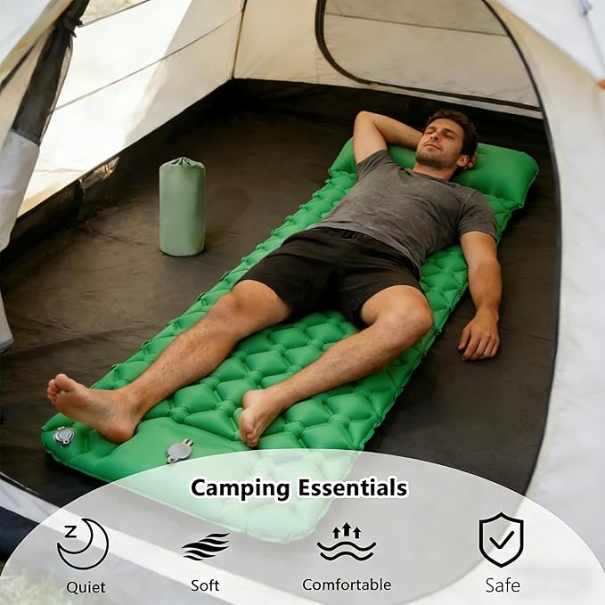 SNZ Camping Sleeping Pad, Ultralight Camping Mat with Pillow, Built-in Foot Pump Inflatable Sleeping Pads Compact for Backpacking, Tent, Travel, Outdoor Activities (Single)