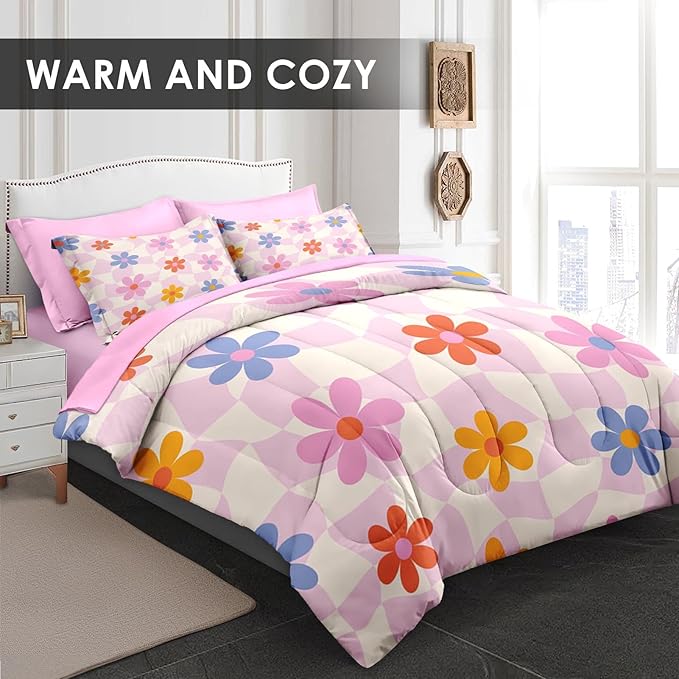 Comforter Set Twin Size, Retro Daisy Pink 5 Pcs Bedding for Kids and Adults, Hippie Aesthetic Kids Bed Sheet Sets with Fitted Sheet Pillowcase & Sham for Bedroom Bed Decor