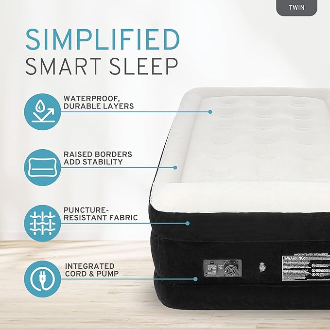 RestElevated Luxury Pillow Top Twin Size Air Mattress with Built in Pump | 20" Raised Height with Coil Beam Support | Adjustable Blow Up Air Bed | for Home, Guests and Camping [Black with Cream Top]