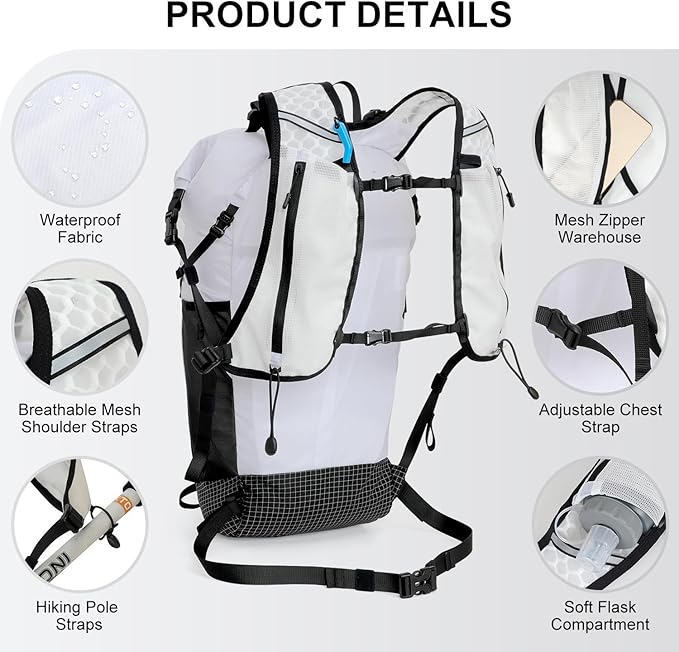 IX INOXTO Hiking Backpack 15L/22L Ultra Lightweight Packable Travel Backpack Small Waterproof Foldable Outdoor Day Pack with Two 500ML soft flasks for Men Women (White)