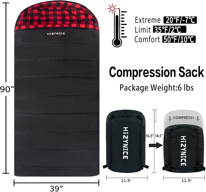 Cold Weather Sleeping Bag 100% Cotton Flannel XXL for Adults Big and Tall,Free Compression Sack
