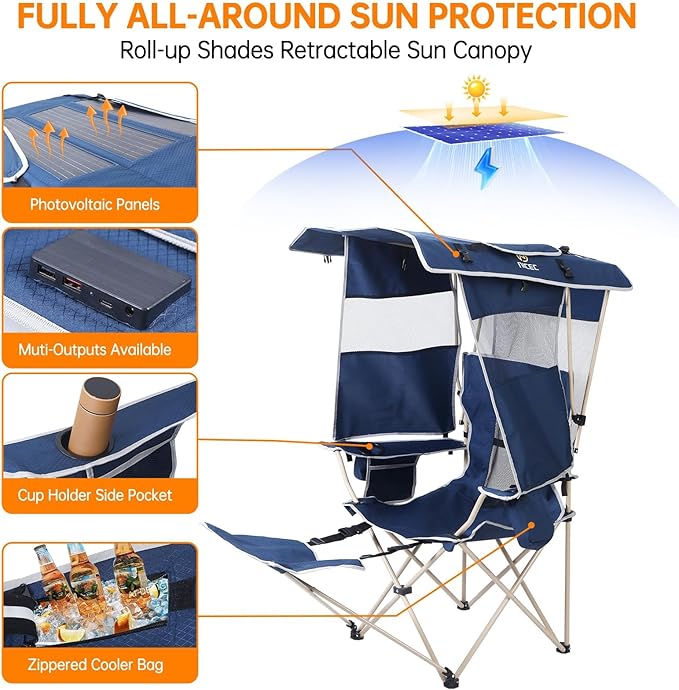 Nice C Chair with Canopy, Umbrella Chair, Chairs with Shade, Sports Chairs, USB, Type-C&DC Charging Cable Included, 30W Solar Panels, Removable Footrest&Cooler Bag (2 Navy)