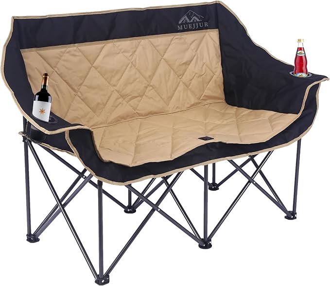 2 Person Camping Chair Oversized Loveseat Camping Chair Double Camping Chairs for Adults Heavy Duty Camping Couch Black Outdoor Folding Chair (Camel Color)