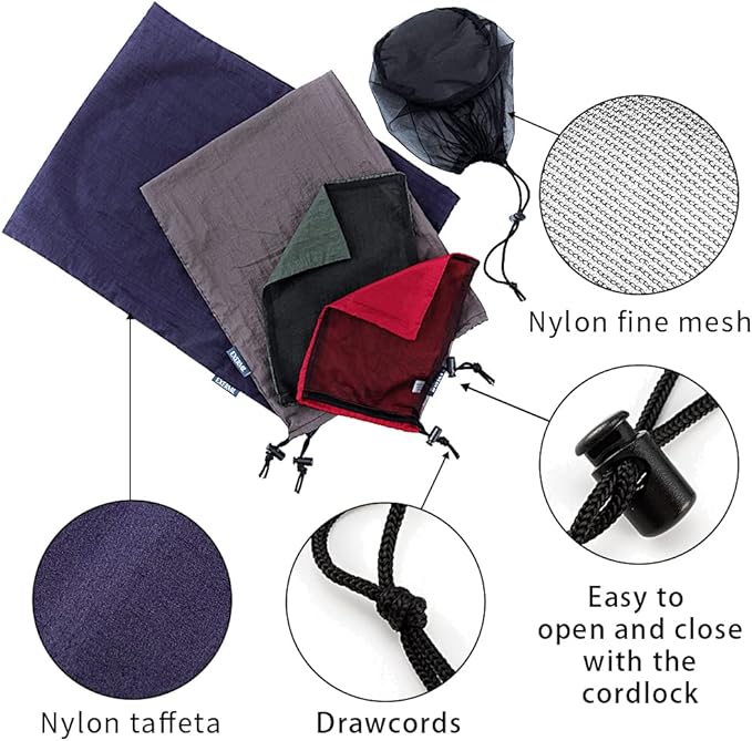 Nylon Stuff Sack Set 5-Piece (1.4L/2.7L/3L/7.5L/15L); Drawstring Storage Sack; Mesh Bags; Ditty Bags Small M Large XL for Organization Travel Camping Backpacking Down Jacket; Assorted Colors