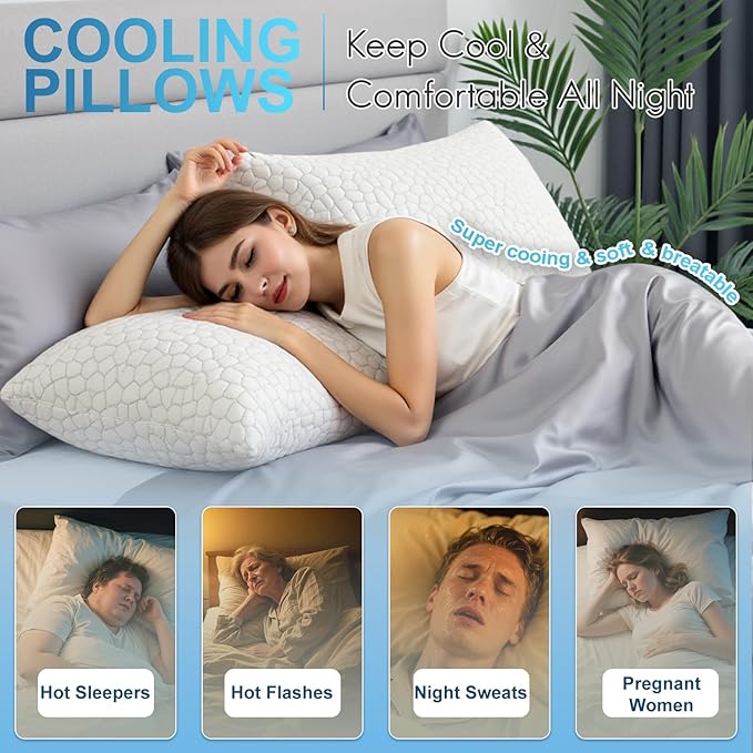QUTOOL Shredded Memory Foam Pillows for Sleeping Queen Size, Cooling Gel Pillows for Hot Sleepers Adjustable Bed Pillow for Side and Back Sleeper, Breathable, Neck Support, White, Gift for Women Men