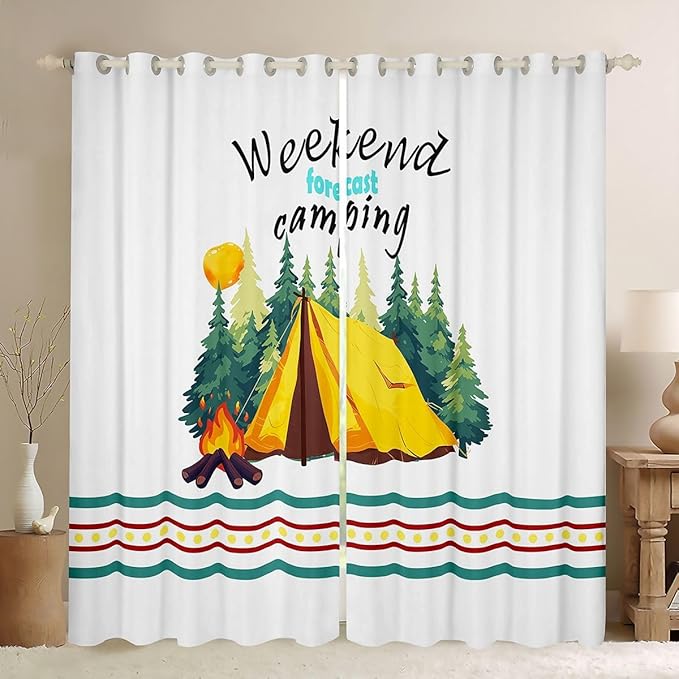 Happy Camping Adventure Blackout Curtains,Tent Bonfire Campfire Pine Nature Blackout Curtains,RV Camper Trailer Summer Boys Girls Room Decor,Rustic Green 2 Panels,52Wx84L inch