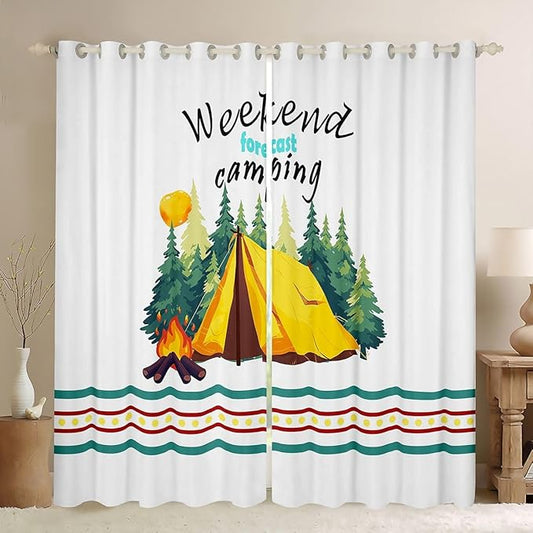 Happy Camping Adventure Window Drapes,Tent Bonfire Campfire Pine Nature Boys Girls Room Decor,RV Camper Trailer Summer Blackout Curtains,Rustic Green 2 Panels,42Wx84L inch