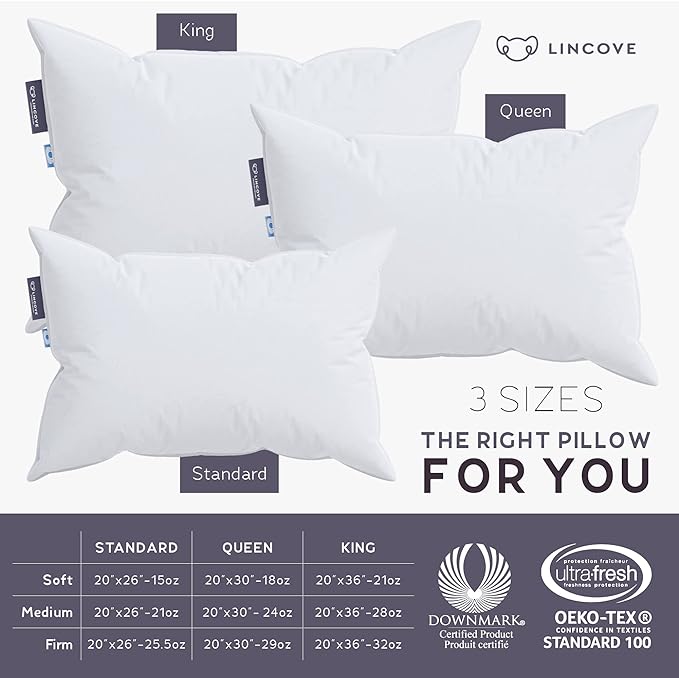 Lincove Cloud Natural Canadian Down Pillow, White Luxury Sleeping Pillow - 625 Fill Power, 500 Thread Count Cotton Shell, Made in Canada, King - Medium, 1 Pack
