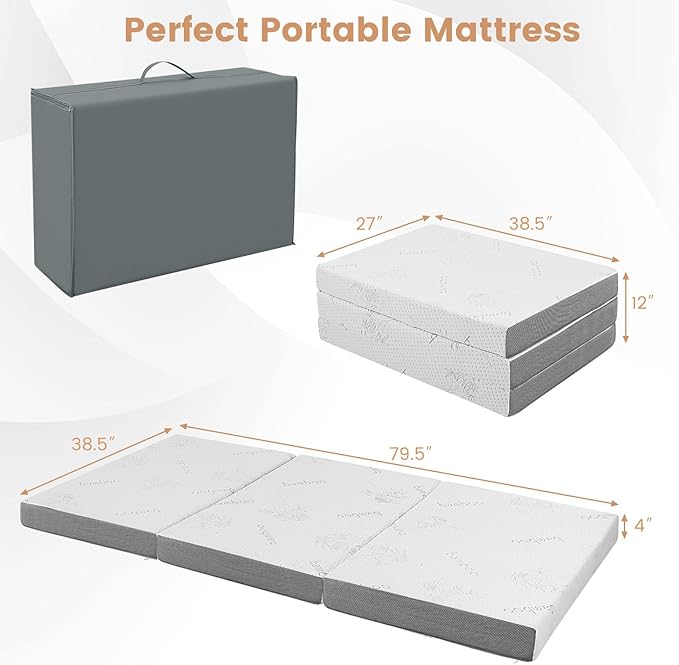Giantex Folding Mattress, 4 Inch Gel-Infused Tri-fold Mattresses with Bamboo Cover & Carry Bag, CertiPUR-US Certified, Foldable Cooling Mattress Topper for Guest Room Dorm RV Camp Floor, Twin XL