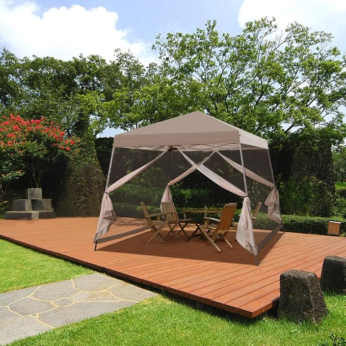 COOS BAY 10x10 Pop Up Canopy Tent with Screen Netting, Slant Leg Canopy with UPF 50+ UV Protection, 64 Sq Ft Shade, One Person Setup with Carry Bag, Beige