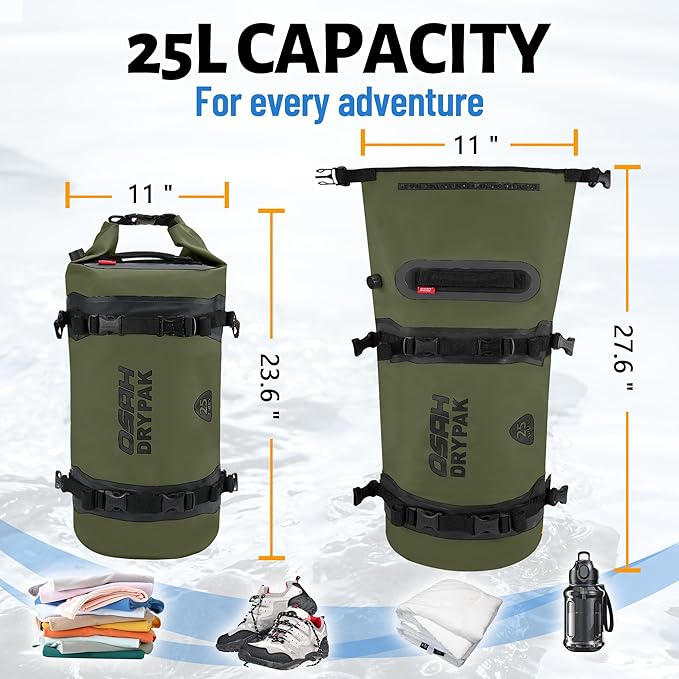 25L Waterproof Dry Bag - Motorcycle Luggage Tail Bag with Straps for Back Seat, Roll Top Lightweight Waterproof Backpack Sack for Travel, Swimming, Boating, Kayaking, Camping and Beach