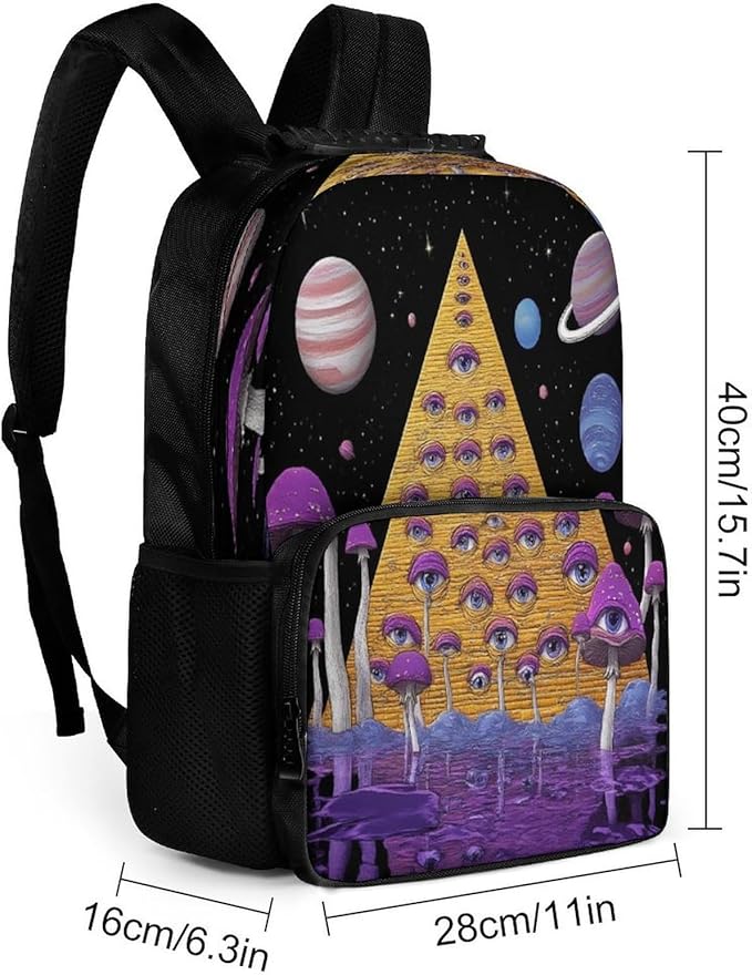 Shoulder Book Bags Polyester Multipurpose Anti-Theft Trippy Egyptian Pyramid Eye Mushroom Art Carry On Bag Large Capacity Travel Hiking Camping Rucksack