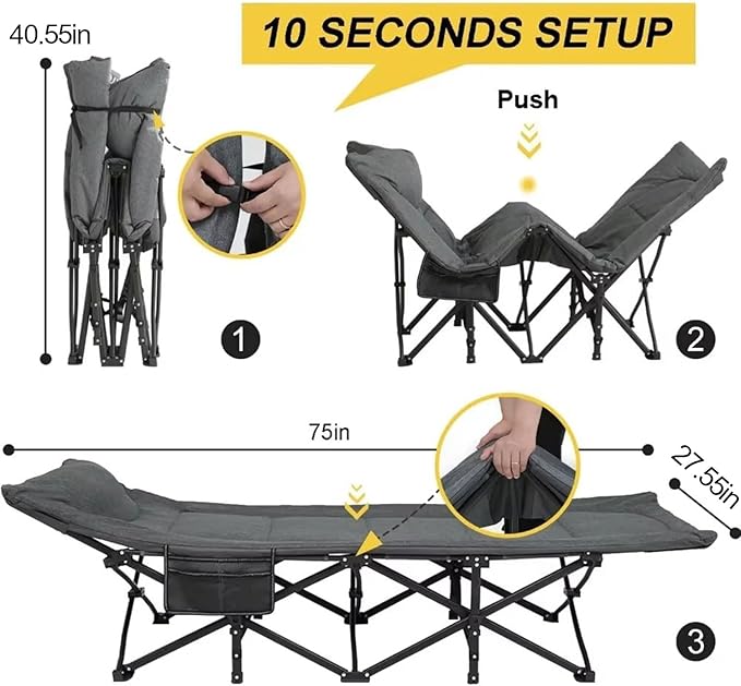 Camping Cot for Adults, Portable Folding Bed with Mattress and Carry Bag,Camping Bed with Side Pockets, Sleeping Cot for Office Home Nap, Outdoor, Camping, Travel, Supports 450 lbs