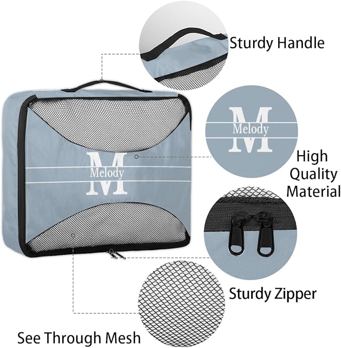 Personalized Name 4 Set Packing Cubes Luggage Packing Organizers Travel Accessories for Women Girls, Light Steel Blue with Initial Letter