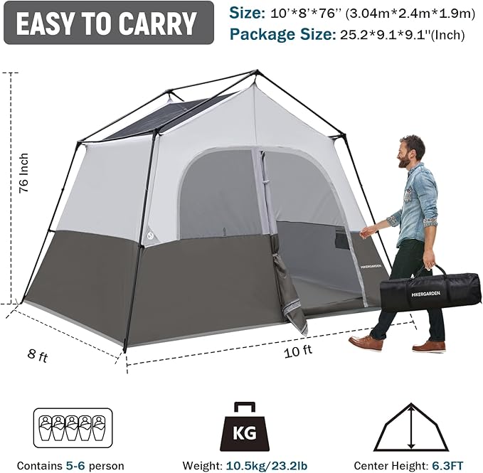 HIKERGARDEN 6-8 Person Camping Tent - Portable Family Cabin Tent for Camp, Windproof Fabric Camp Tent Outdoor for Hiking, Backpacking, Traveling