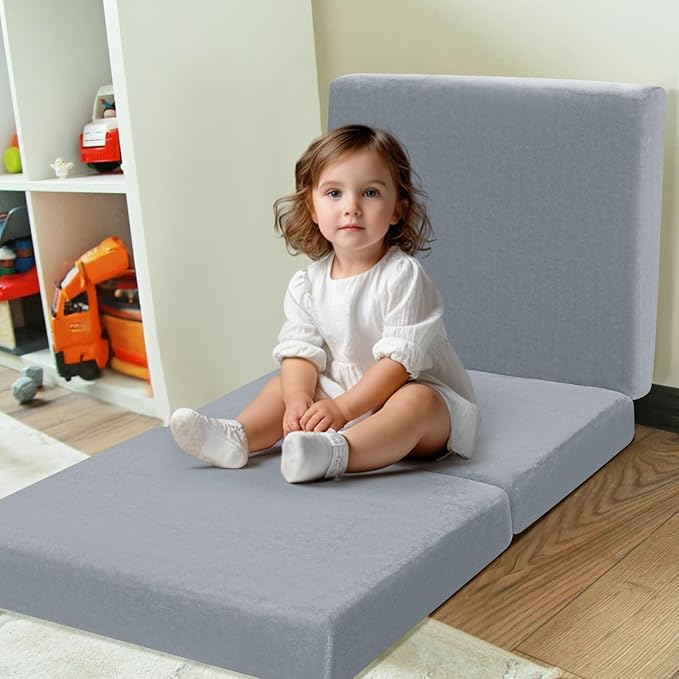 MeMoreCool Foldable Floor Cushion Kids Trifold Play Mat, Kids Folding Seat Pad Portable Lounger, 63x26 Inch Grey