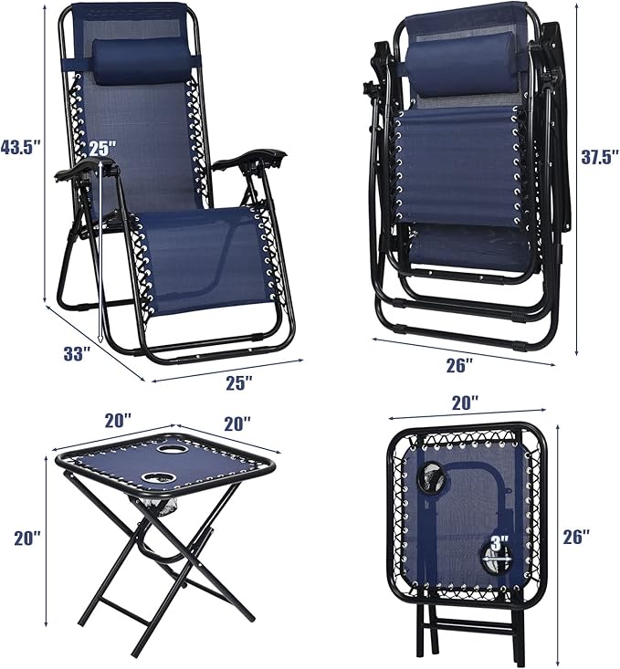S AFSTAR Zero Gravity Chairs Set of 2, 3 PCS Folding Zero Gravity Lawn Chair Set with Side Table Cup Holders & Adjustable Headrest, Reclining Patio Chairs, Zero Gravity Lounger for Patio Poolside