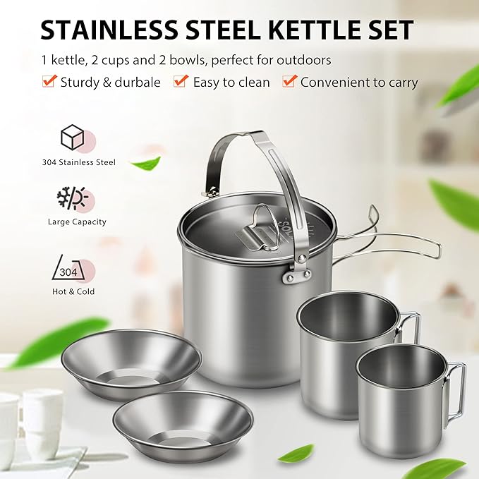 Lixada 5PCS Camping Cookware Set Stainless Steel 1.2L Camping Pot with 2 Cups & 2 Bowls, Lightweight Portable Backpacking Pot with Foldable Handles & Lid for Outdoor Cooking Hiking Picnic