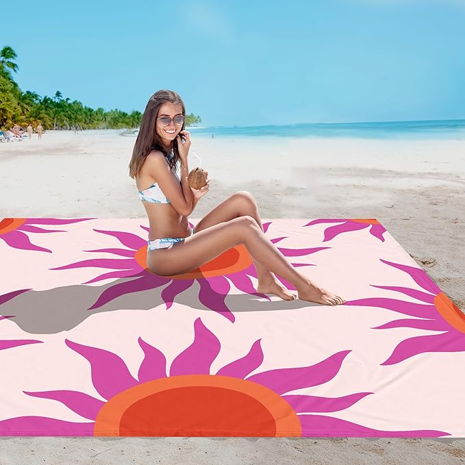Large Beach Blanket Waterproof Sandproof, 86"×78" Beach Mat Sand Free for 2-4 Adults with Stakes and Sand Pocket, Foldable Picnic Blankets for Outdoor, Camping Hiking, Vacation Essentials-Boho Sunset
