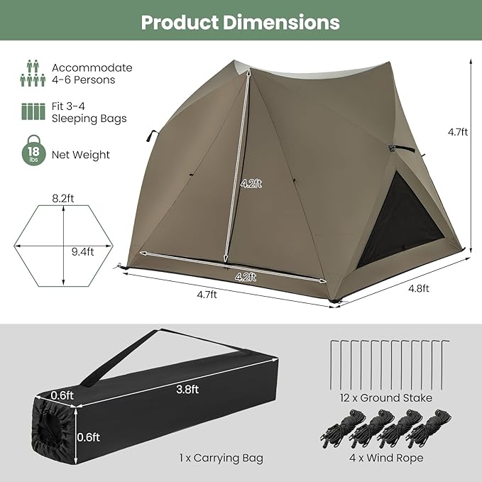 Goplus 4-6 Person Pop Up Camping Tent, Dome Instant Tent w/Visible Skylight, Removable Rainfly, 3 Zippered Mesh Doors & Windows, Carrying Bag, Outdoor Easy Setup Waterproof Family Tent for Backpacking