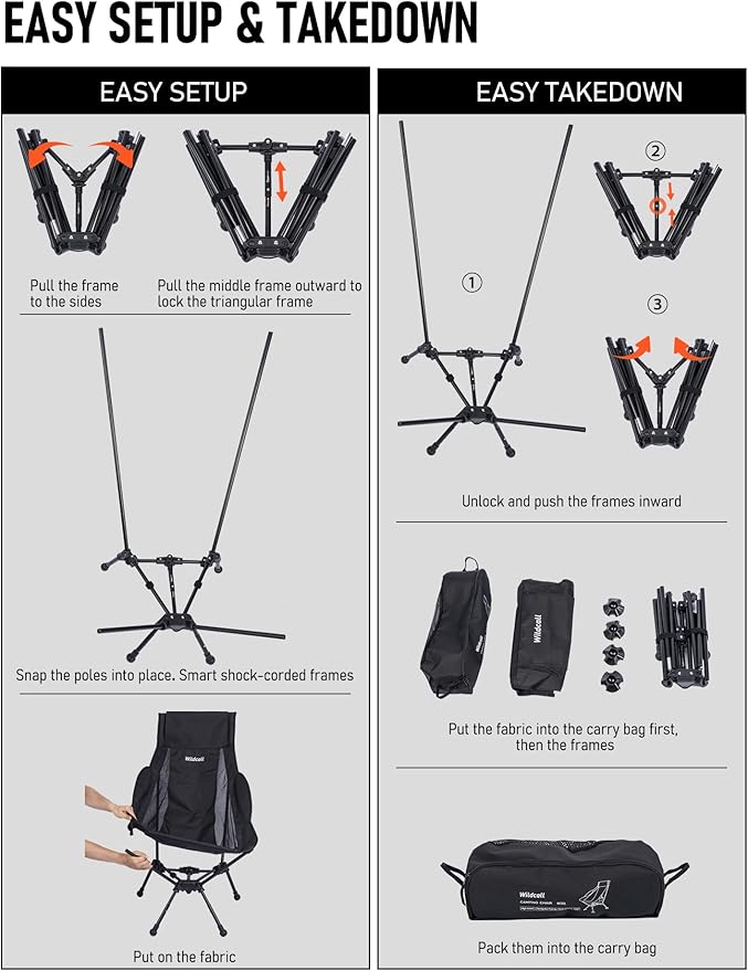 WildCall Lightweight Folding High Back Camping Chair with Head Support, Compact Beach Chair with Anti-Sinking Large Feet and Three Tilt Angles Adjustment