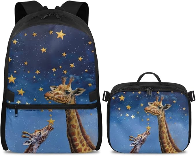 HUGS IDEA Star Giraffes Backpacks for Girls with Lunchbox Cute Book Bag for Toddler Gils Lightweight Kindergarten Preschool School Bag Kids Back Pack Students Bookbag for Camping Hiking