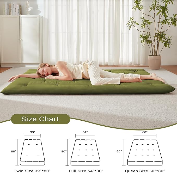 Japanese Floor Futon Mattress Queen Size 60"x 80", Foldable Floor Bed Mattress, Portable Tatami Mat Sleeping Pad, Folding Futon Cushion, Roll Up Floor Lounger for Guest Room Dormitory (Green)