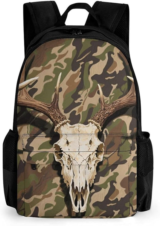 Daypack Backpack Anti-Theft Multipurpose Large Capacity Carry On Bag, Goth Hunting Camo Deer Skull Art Traveling Camping Backpack With Side Pockets