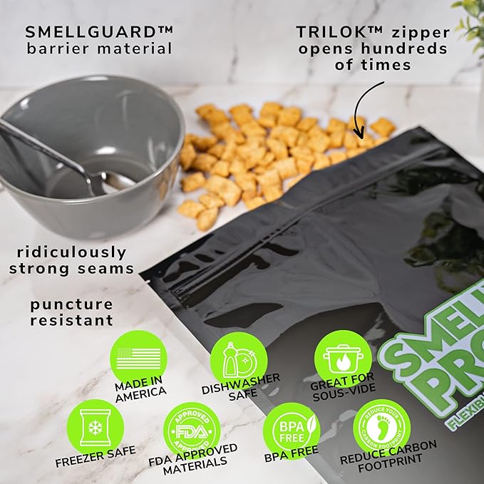 Smelly Proof Reusable Food Storage Bags, Reusable Freezer Bags, US-Made BPA FREE, NO PEVA, 2 Gallon Bag, Dishwasher-Safe, NO SMELL Triple Zip BLACK 4 mils FLAT 12" x 16" - 5pk