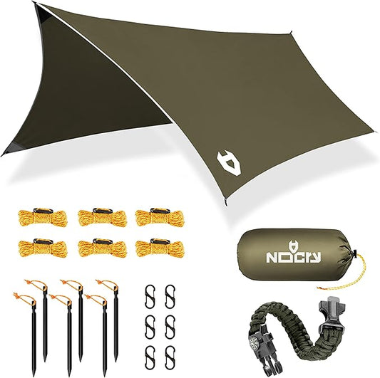Rain Fly 12x10 Lightweight Survival Camping Tarp; 100% Waterproof; Makes a Great Backpacking Tarp or Hammock Shelter; Comes in Multiple Colors, Survival Bracelet Included; OD-Green