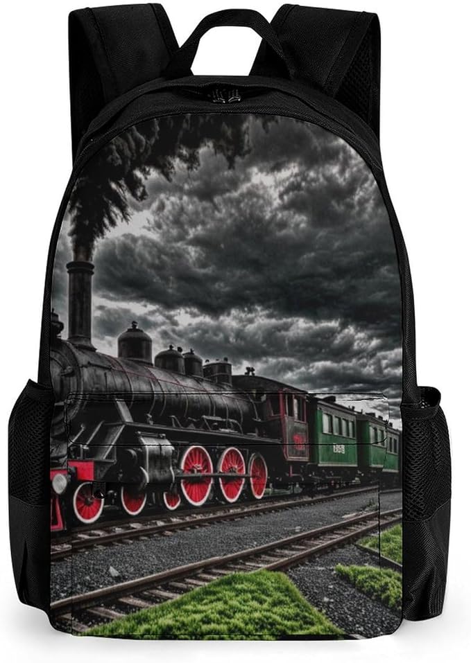 Daypack Anti-Theft Multipurpose Large Capacity Shoulder Bag, Old Train Dark Sky Travel Hiking Camping Rucksack With Smooth Zippers