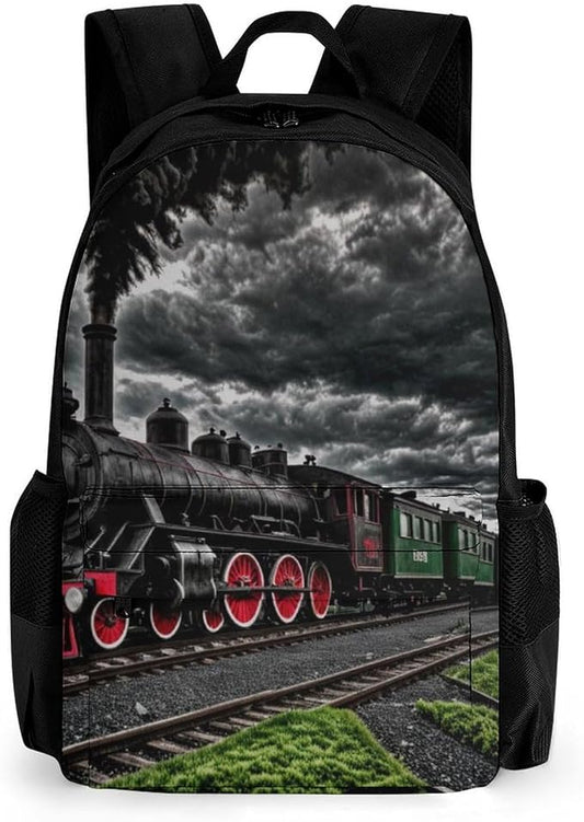 Daypack Anti-Theft Multipurpose Large Capacity Shoulder Bag, Old Train Dark Sky Travel Hiking Camping Rucksack With Smooth Zippers