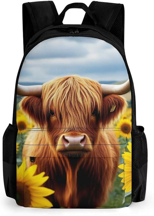 Men Women Polyester Sunflower Highland Cow Daypack Backpack Large Capacity Carry On Bag With Smooth Zippers for Hiking Picnic Walking Cycling