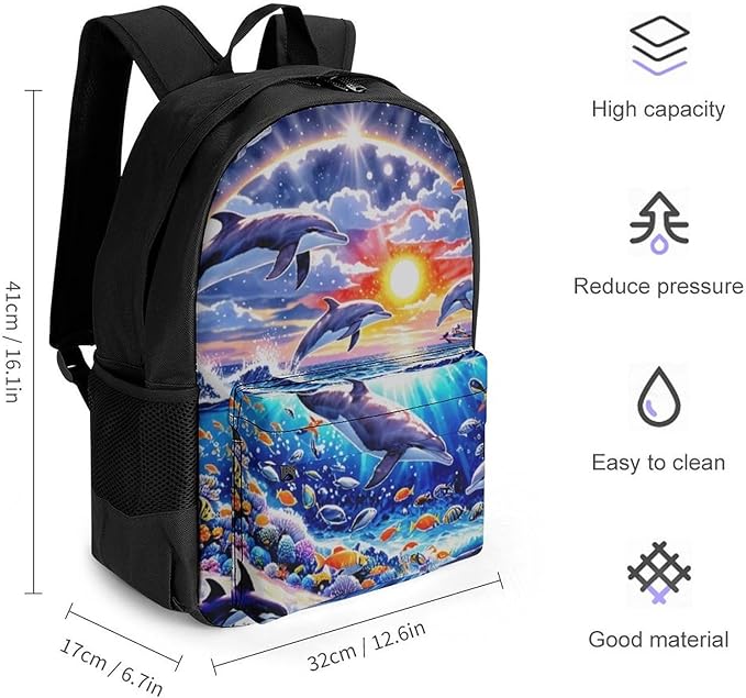 Supdreamc Lightweight Rucksacks for Camping Picnic Walking Cycling, Large Capacity Multipurpose Anti-Theft Carry On Bag, Dolphin Underwater World Rainbow Travel Hiking Camping Rucksack