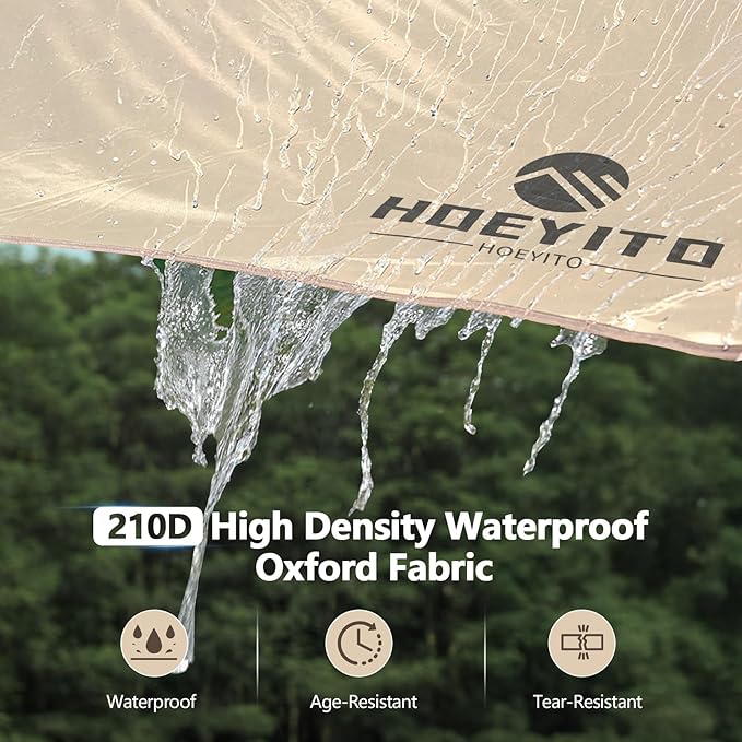Camping Tarp with Poles & Retainer,15x12.5FT Large Waterproof 210D Oxford Cloth Camping Canopy, Anti-UV UPF100+ Tent Tarp for Outdoor, Picnic, Car, Hammock, Backpacking (Khaki)