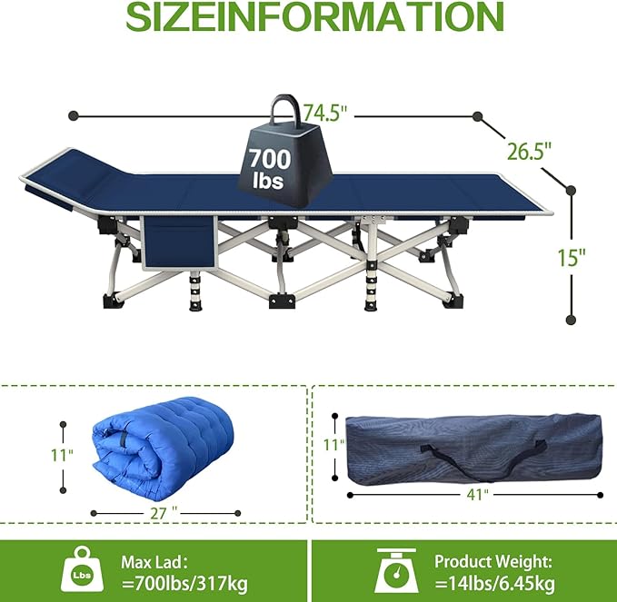 Camping Cots with Comfortable Pad Sleeping Bed for Camping Folding Cot with Mattress Heavy Duty Sleeping Cot with Carry Bag Guest Cots for Adults Easy to Set Up Office Home Outdoor Indoor Vacation