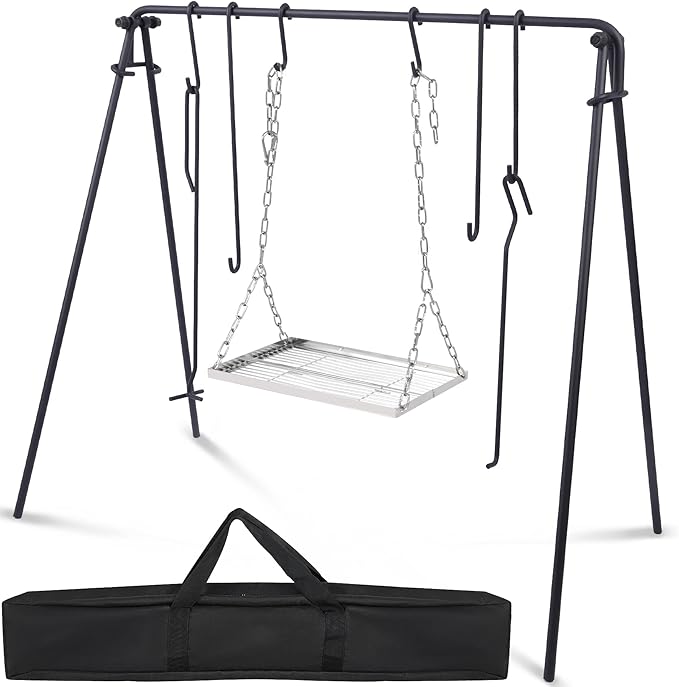 Lineslife Grill Swing Campfire Cooking Stand with Adjusatble Stainless Steel Grill Grate, Collapsible BBQ Grill with Hooks and Accessories for Outdoor Camping Cookware & Dutch Oven