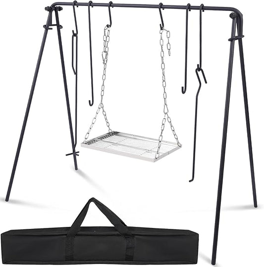 Lineslife Grill Swing Campfire Cooking Stand with Adjusatble Stainless Steel Grill Grate, Collapsible BBQ Grill with Hooks and Accessories for Outdoor Camping Cookware & Dutch Oven