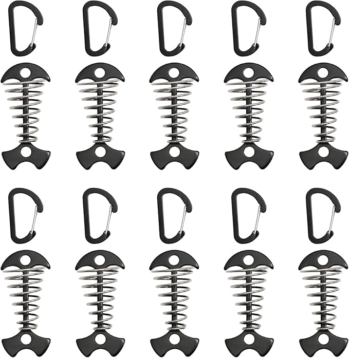 10 Pack Deck Anchors Pegs with Carabiners, Aluminum Rope Tent Tie Down Stakes Clips with Carabiners Outdoor Camping Accessoriness, Black