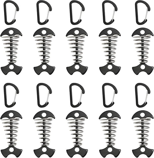 10 Pack Deck Anchors Pegs with Carabiners, Aluminum Rope Tent Tie Down Stakes Clips with Carabiners Outdoor Camping Accessoriness, Black