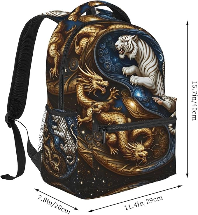 Men Women Polyester Yin Yang Gold Dragon White Tiger Art Backpack Large Capacity Bookbag With Smooth Zippers for Climbing Picnic Bicycle