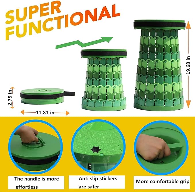 Upgraded 19.7"Portable Collapsible Folding Stool with Cushion Retractable Telescoping Foldable Stool for Adults Heavy Duty Camping Sturdy with Max Load Capacity 1000lbs for Outdoor Fishing Hiking BBQ