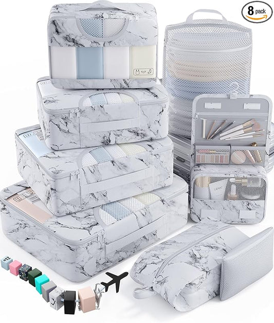 Veken 8 Set Packing Cubes for Travel Essentials, Suitcase Organizer Bags in 4 Sizes, Carry-On Luggage Accessories with Large Laundry & Hanging Toiletry Bag, Must-Have for Airplane, Road Trip & Camping