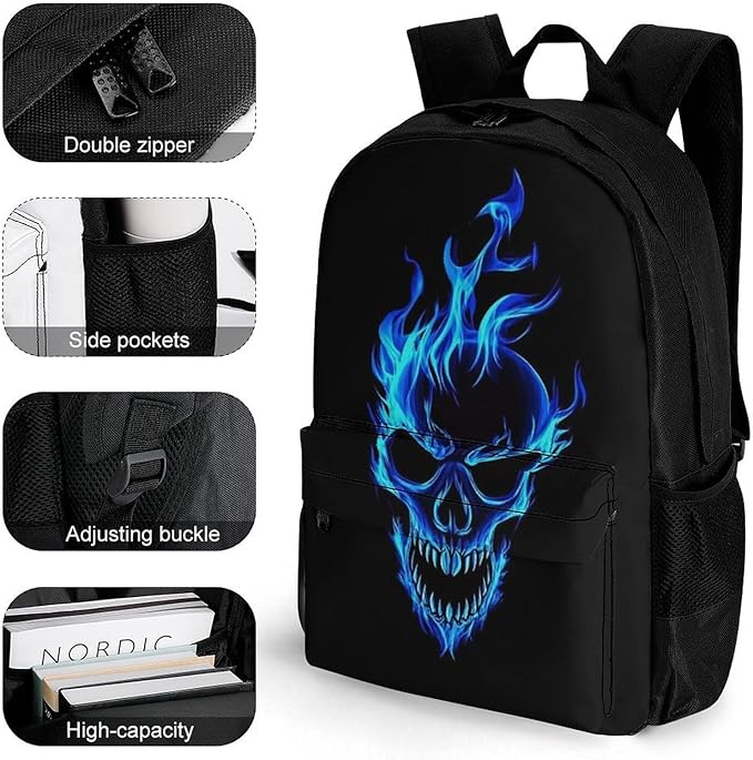 Polyester Daypack for Camping Travel Walking Cycling, Big Capacity Anti-Theft Multipurpose Bookbag, Skull Blue Fire Camping Outdoor Backpack
