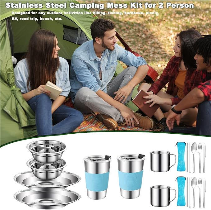 Camping Mess Kit Camping Dishes Set Stainless Steel Tableware Mess Kit Includes Plate Bowl Cup Spoon Fork Knife in Mesh Bags for Camping Backpacking & Hiking for 2 Person