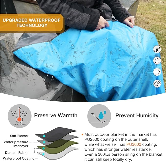 Outdoor Waterproof Camping Blanket - Hooded Fleece Windproof Blanket for Stadium, Sporting Events, Concert, Picnic, Car, Boat - Packable Camp Blanket for Cold Weather, Camping Gear Must Haves