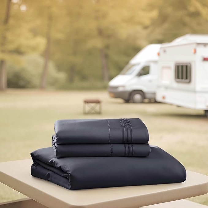 Hearth & Harbor Short Queen Sheets for RV, Black RV Queen Sheets, Silky Soft 1800 Microfiber Bed Sheet for Camper, 4 Piece RV Bedding with Pillowcases