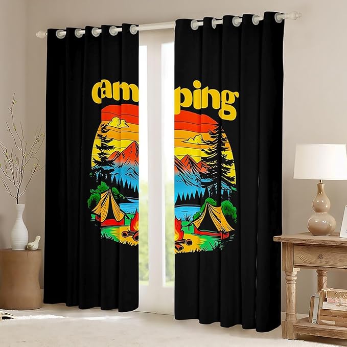 Erosebridal Happy Camping Blackout Curtains for Bedroom Living Room Camper Decor Window Curtains 2 Panels 42" Wx84 L Jungle Camping Adventure Travel Drapes,Rustic Farmhouse Window Treatments